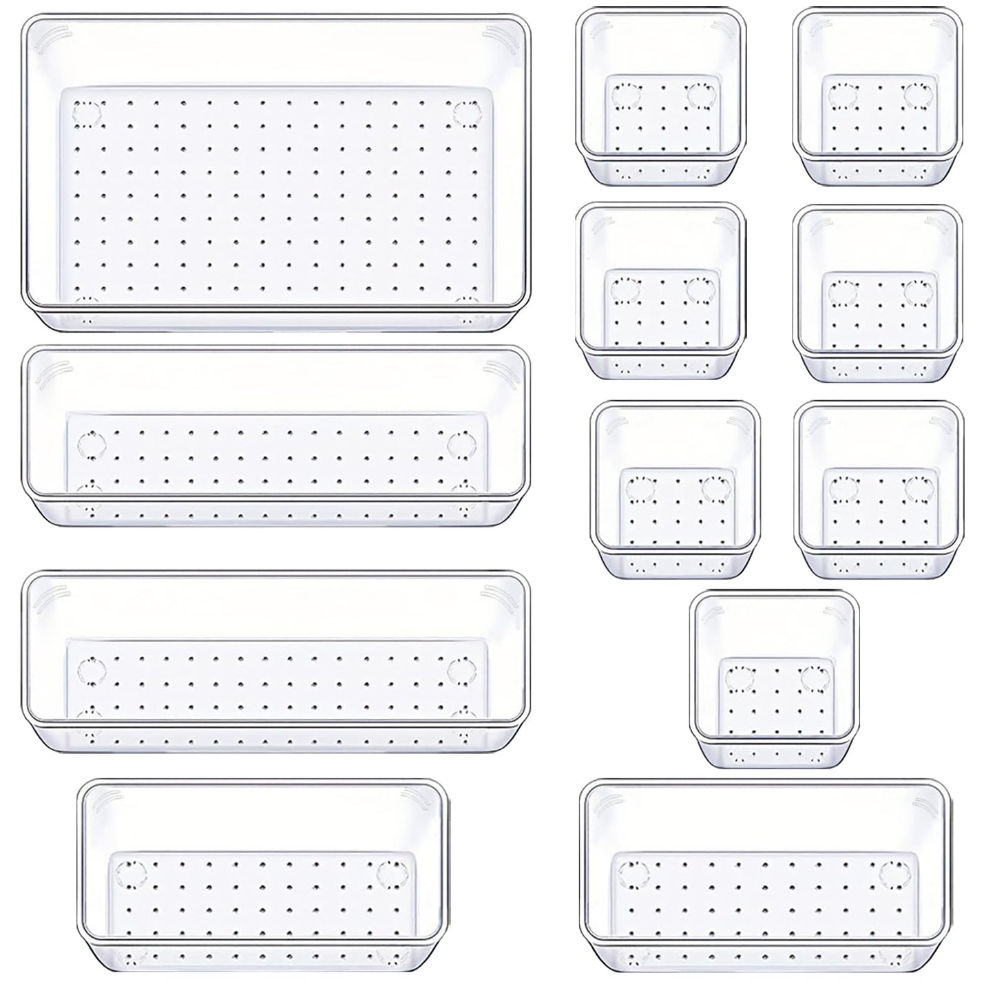 Manalete Drawer Organizers Set of 12, 4 Sizes Clear Plastic Drawer Organizers and Storage Bins for Kitchen, Bathroom, Office, Dresser Desk Drawer Organizer Tray for Jewelry, Makeup, Junk, Gadgets