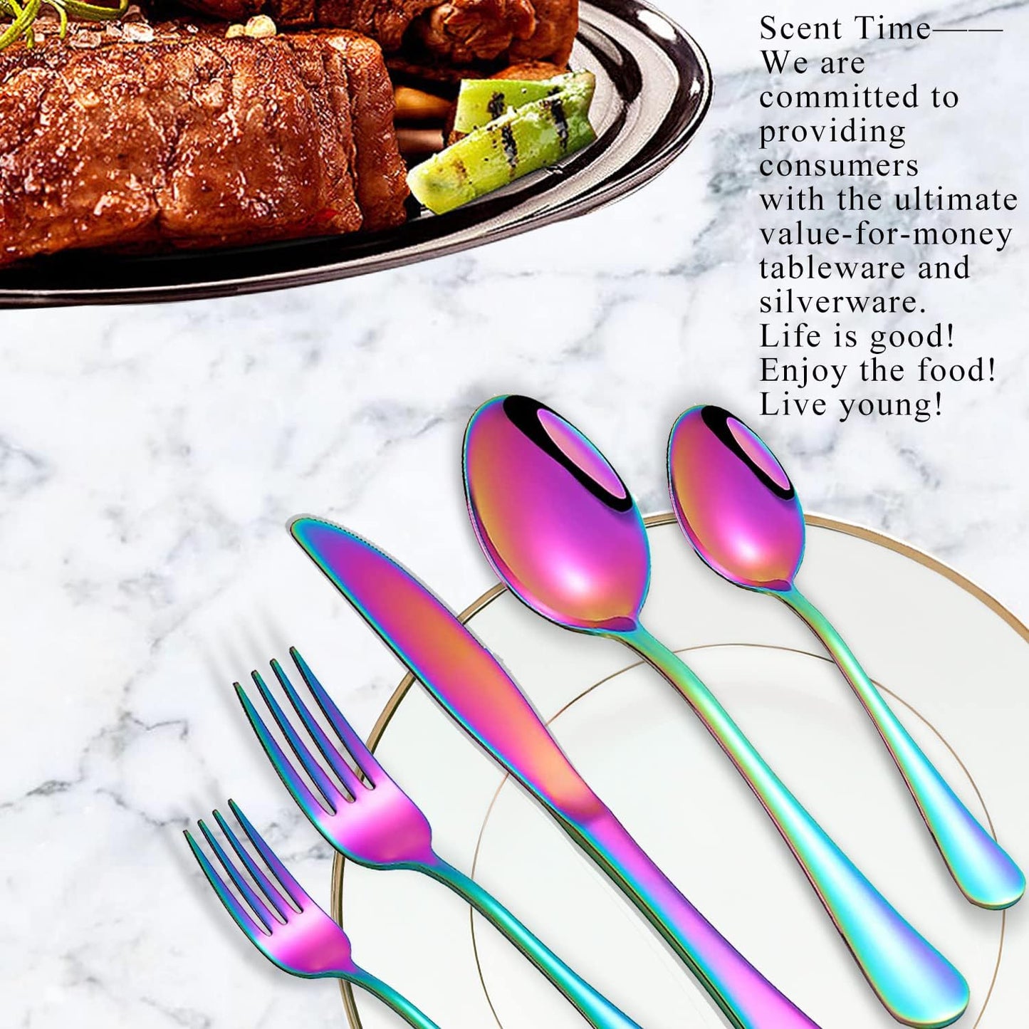Set of 16 Rainbow Soup Spoons, Top Food Grade Stainless Steel Silverware, 6.69 Inches, Dishwasher Safe