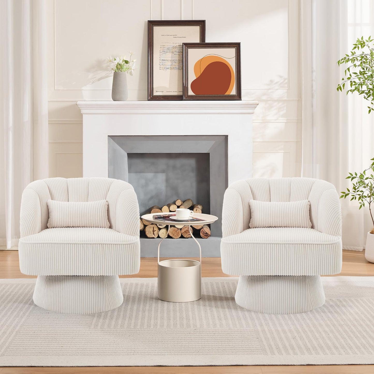GAOMON Modern Swivel Barrel Accent Chair, 360° Corduroy Upholstered Armchair with Striped Backrest & Plush Padding, Comfy Round Lounge Chair for Living Room, Bedroom, Reading Nook - Beige