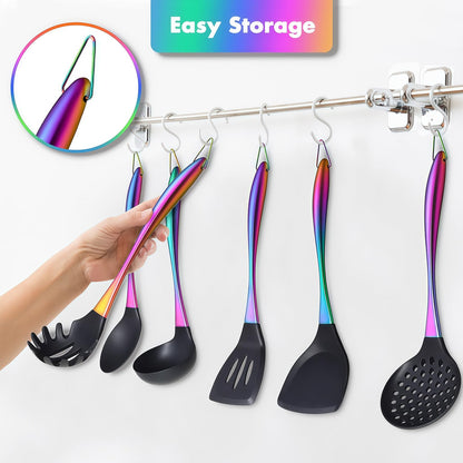 Silicone Cooking Utensils Set, 17pcs Kitchen Utensil Set with Rotatable Holder, Heat-Resistant Silicone Utensils for Cooking, Non-Stick Spatula Set with Stainless Steel Handle,Turner,Ladle (Rainbow)