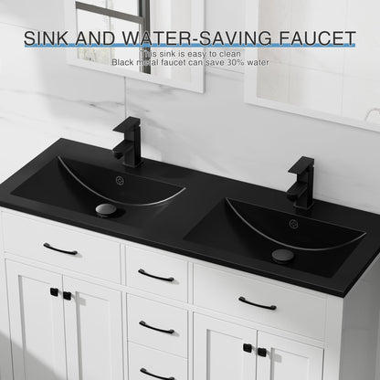 LUCKWIND 48" Modern Bathroom Vanity with Sink Combo, Contemporary Painted Storage Cabinet and Double Black Sink, Include Soft-Closing Doors & Matte Black Faucet, White