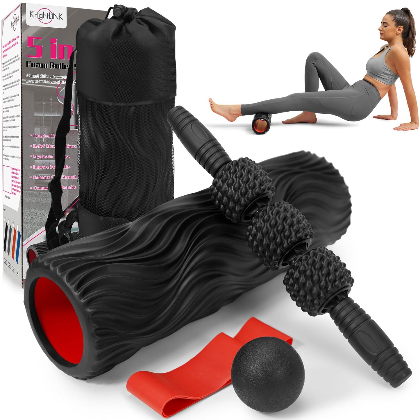 Foam Roller High Density Foam Roller Set for Deep Tissue Muscle Massage, 18" Trigger Point Fitness Exercise Massage Roller, Self-Myofascial Release for Whole Body (Black-18(2 in 1))