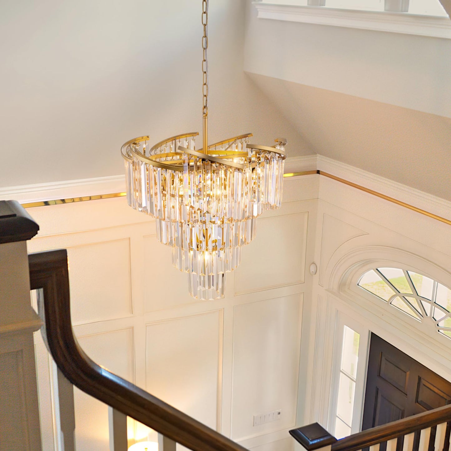 TOCHIC Gold Chandelier 5 Tier Modern Crystal Chandeliers 8 Light, Farmhouse Luxury High Ceiling Light Fixture for Dining Living Room, Bedroom, Bathroom, Kitchen Island, Entryway, 21.6" W