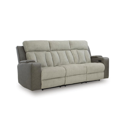 Signature Design by Ashley Point Clear Transitional Faux Leather Power Reclining Sofa with Drop Down Table, Lumbar Massage, LED Lights and Adjustable Headrest, Gray & Beige