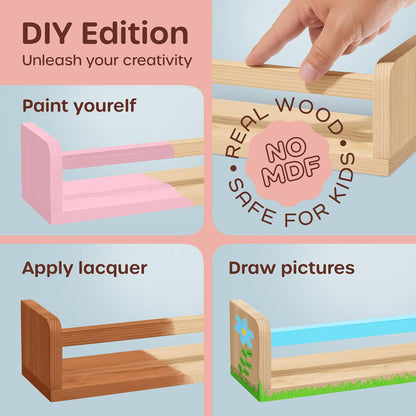 4 2 HOMEY PANDA DIY Wall-Mounted Nursery Bookshelves - Long + Mini Shelves, Kids Room Storage (DIY Paint Pine Wood)