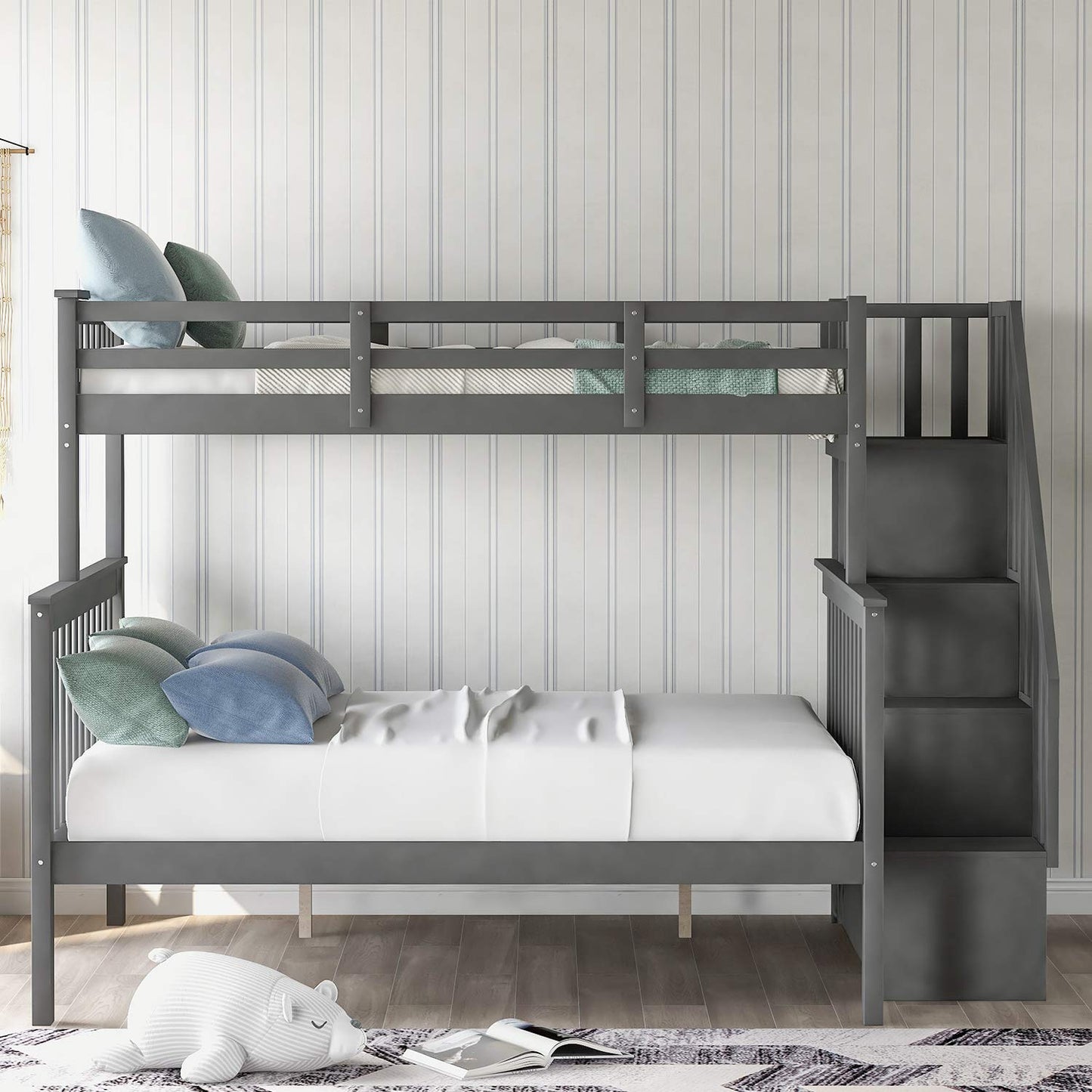 Stairway Bunk Beds Twin Over Full with 4-Step Stairs and Under-Step Storage Shelves, Gray