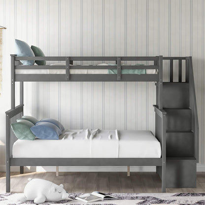 Stairway Bunk Beds Twin Over Full with 4-Step Stairs and Under-Step Storage Shelves, Gray