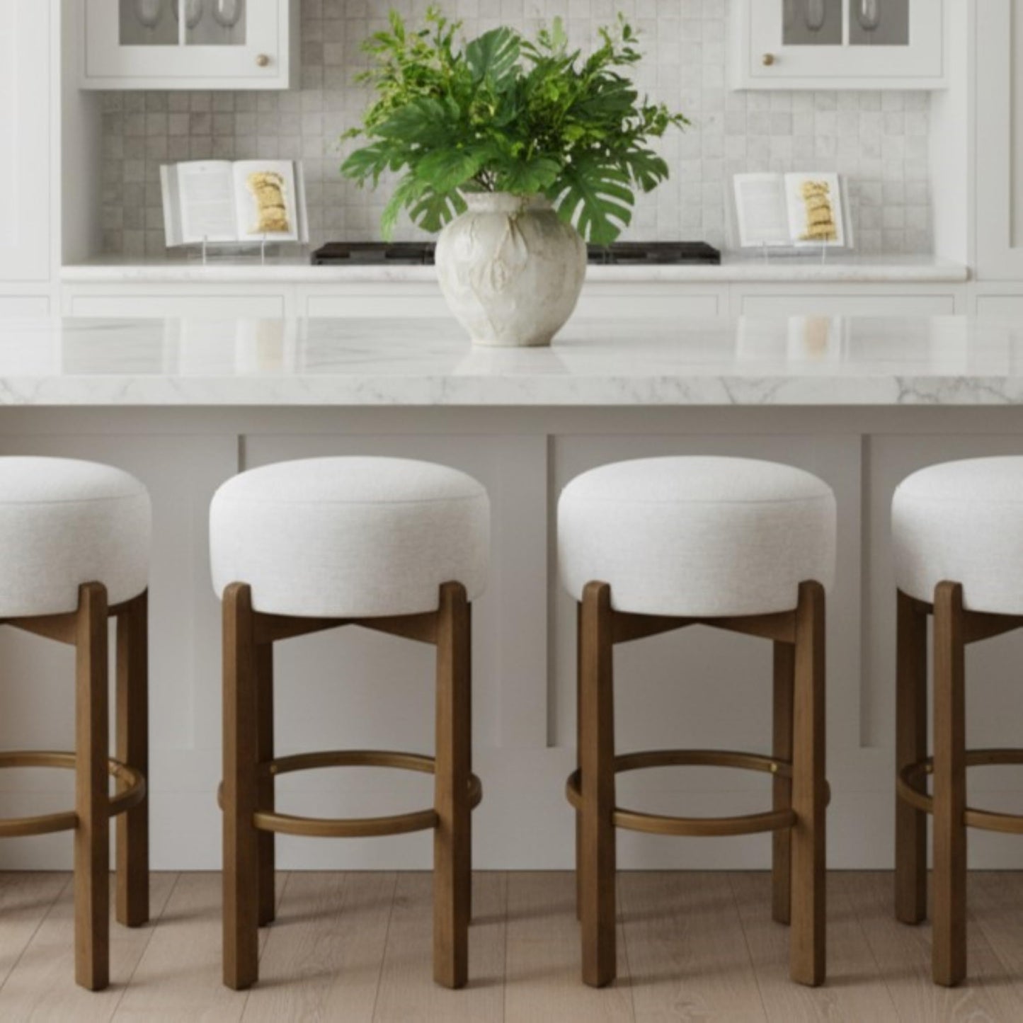 Merax 30" Rustic Backless Bar Stools Set of 4 with Upholstered Cushion, Round Counter Height Bar Stools with Solid Wood Legs, Dark Walnut Finish Counter Stools for Kitchen Island Breakfast Nook