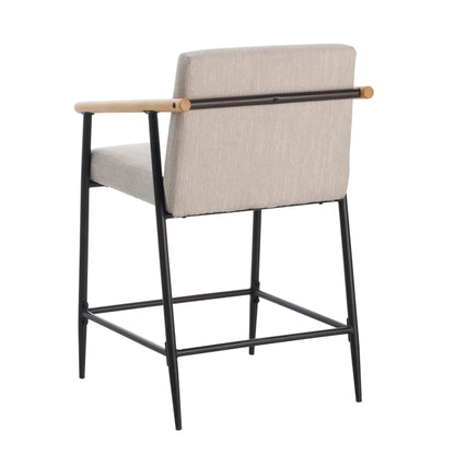 Christopher Knight Home Set of 2 Bever Mid-Century Modern Counter Height Bar Stools, Iron Frame Kitchen Stools, Fabric Upholstered Side Chair with Wooden Armrest and Footrest, Beige+Black+Light Brown