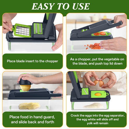 HomeHacks Vegetable Chopper Vegetable Cutter, 12 in 1 Kitchen Gadget, Dicer, Slicer, Onion Cutter, Salad, Cheese Grater & Egg Separator - Multi-Functional Veggie Chopper Lid with Handle (Green)