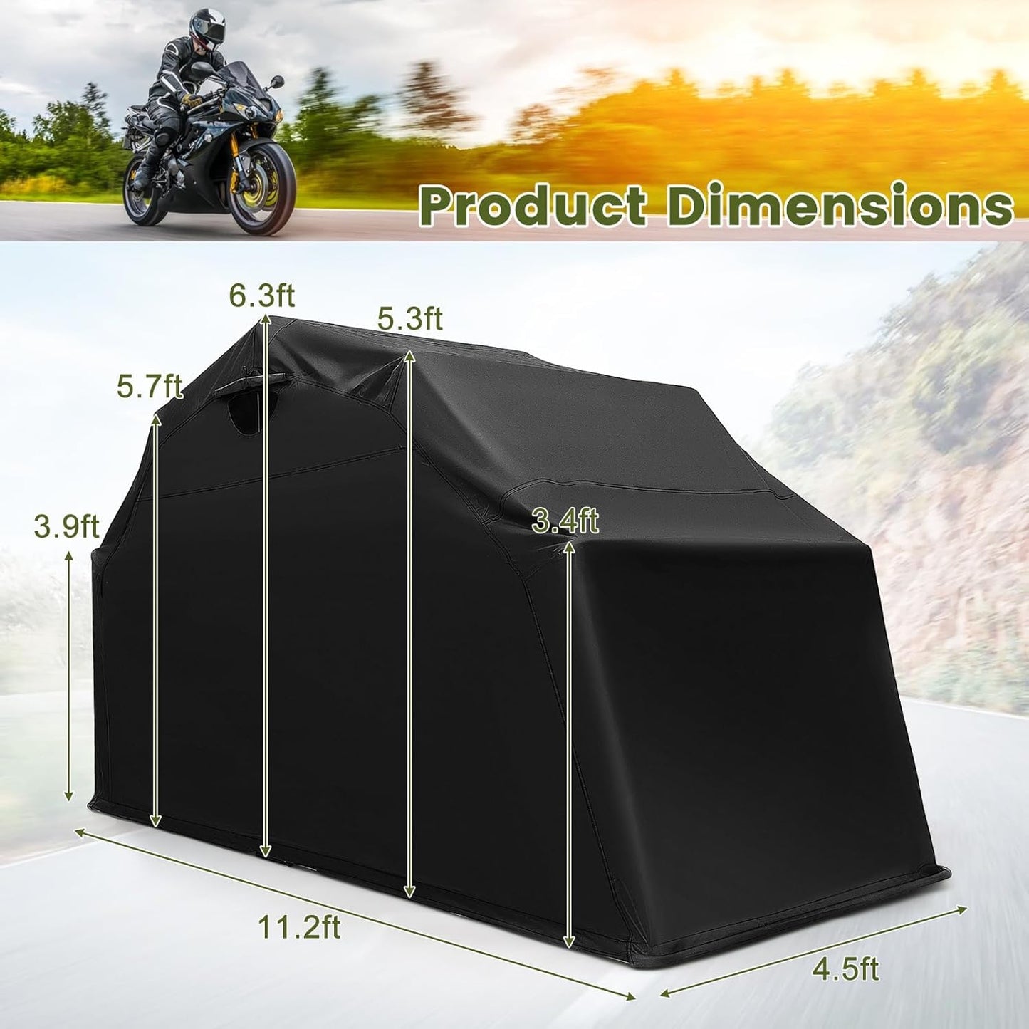 ERGOMASTER Motorcycle Shed, 136" x 54" x 75" Heavy Duty Waterproof Motorcycle Garage with 600D Oxford Fabric, Roll-up Mesh Windows Shed