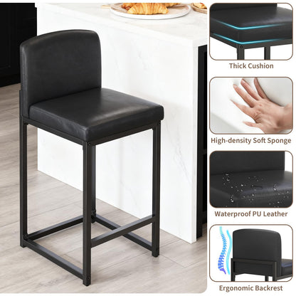 GarveeHome Bar Stools Set of 6, Modern Counter Height Bar Stools with Back and Footrest, Faux Leather Upholstered Barstools Chairs for Kitchen Island Dining Room Bar, Black