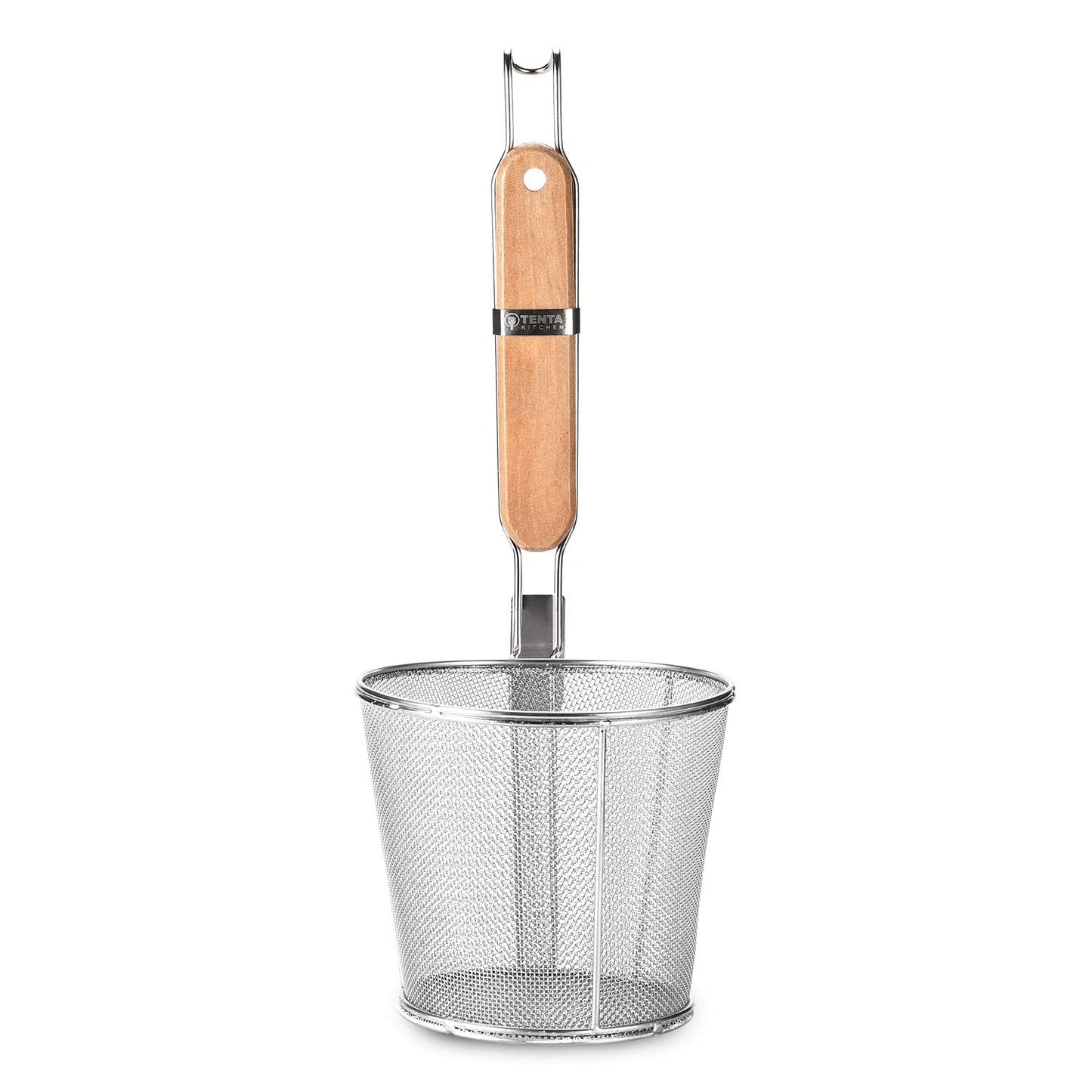 Tenta Kitchen Miracle Noodle Angel Hair Pasta Noodle Blanching Basket, Barilla Thin Spaghetti Pasta Deep Strainer Skimmer with Wooden Handle (5.51Inch/14cm)