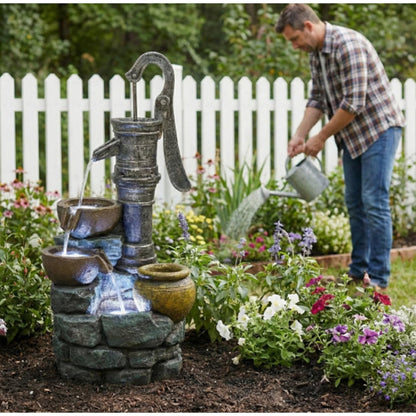 mdj pottery 32 Inch Tall Outdoor Water Fountain, 3-Tiered Cascading Bowl Fountain, Vintage Pump Style Weather-Resistant Resin Waterfall Fountain for Patio Yard Garden - Grey