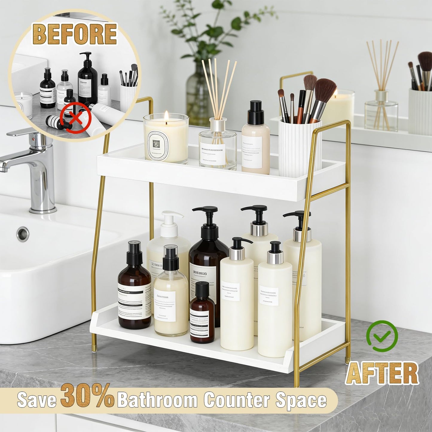 Bathroom Counter Organizer, 2-Tier Makeup Organizer, Wooden Bathroom Organizers and Storage for Skincare Perfume, Stylish Vanity Organizer with Gold Metal Frame for Bath Kitchen Bedroom (White&Gold)