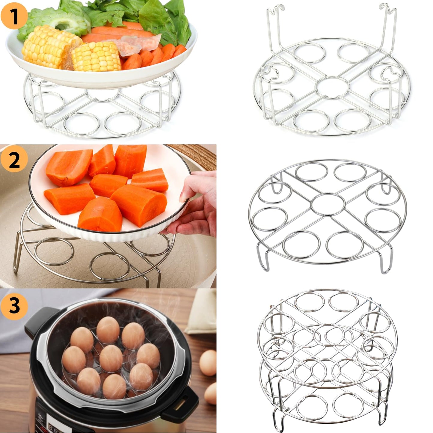 2 Pack Egg Steamer Rack, Instant Pot Egg Rack, Stainless Steel Trivet for 8 Quart Pressure Cooker, Stackable Insert for Instant Pot Accessories for Cooks 18 Eggs, Fits 6qt & 8qt Pressure Cookers