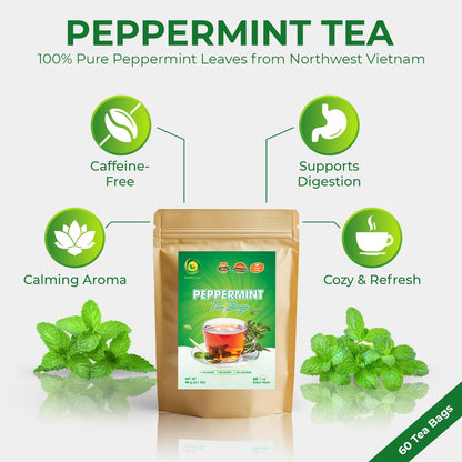SUNBELEAF Peppermint Tea – 60 Tea Bags, Pure Mint Leaves from Vietnam, Caffeine-Free Herbal Infusion, Resealable Zip Pouch, Refreshing Gentle Flavor, Ideal for Daily Enjoyment