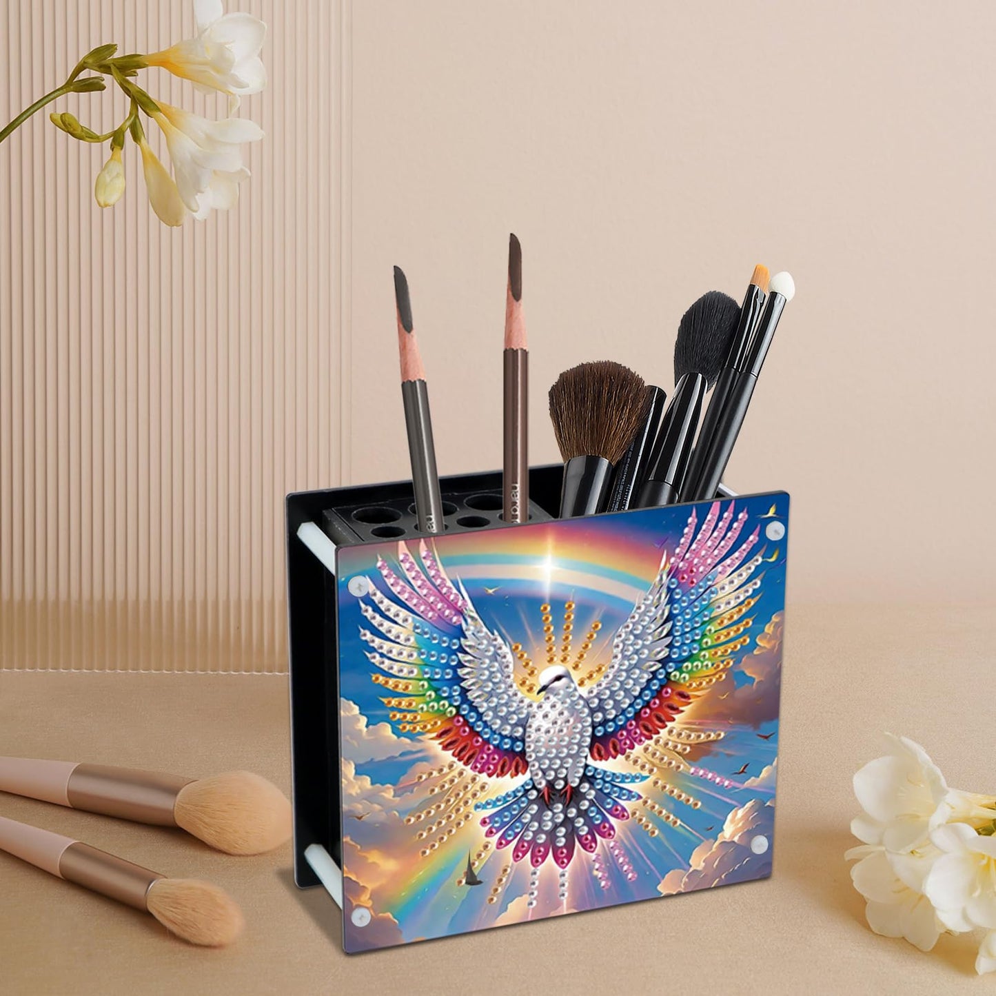 DIY 5D Diamond Painting Pen Holder – Peaceful Rainbow Dove Pencil Cup for Inspirational Decor, Acrylic Diamond Art Pen Holder Organizer, 5D DIY Desk Organizer with Beads, for Craft Desk or Gift