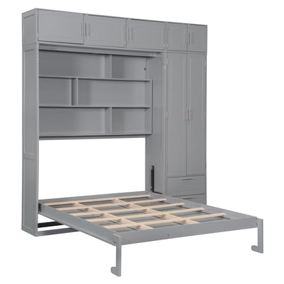 Merax Queen Size Murphy Bed with Shelves, Top Cabinet and Wardrobe, Fold into The Wall, Multifunctional Foldable Platform Bed Frame for Bedroom, Guest Room, Home Office, Space-Saving Design, Gray