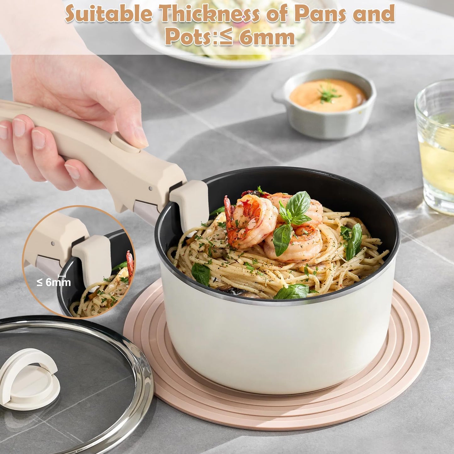 Wayona Removable Handle for Pots and Pans - Universal Detachable Pan Handle Replacement - Heat-Resistant Plastic, Stainless Steel, Silicone - Cream White
