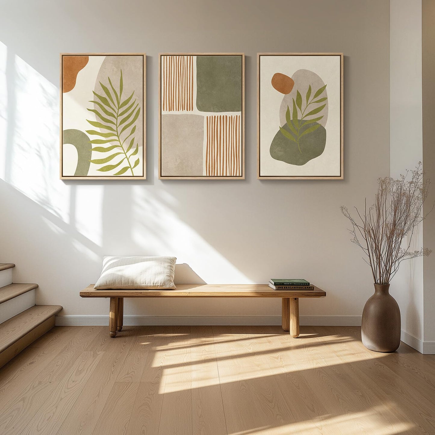 Framed Boho Sage Green Wall Art for Living Room, Large Mid Century Modern Tropical Leaf Canvas Artwork for Walls, 3 Piece Beige Orange Bohemian Wall Art Prints for Bedroom Kitchen Hallway, 16x24 Inch