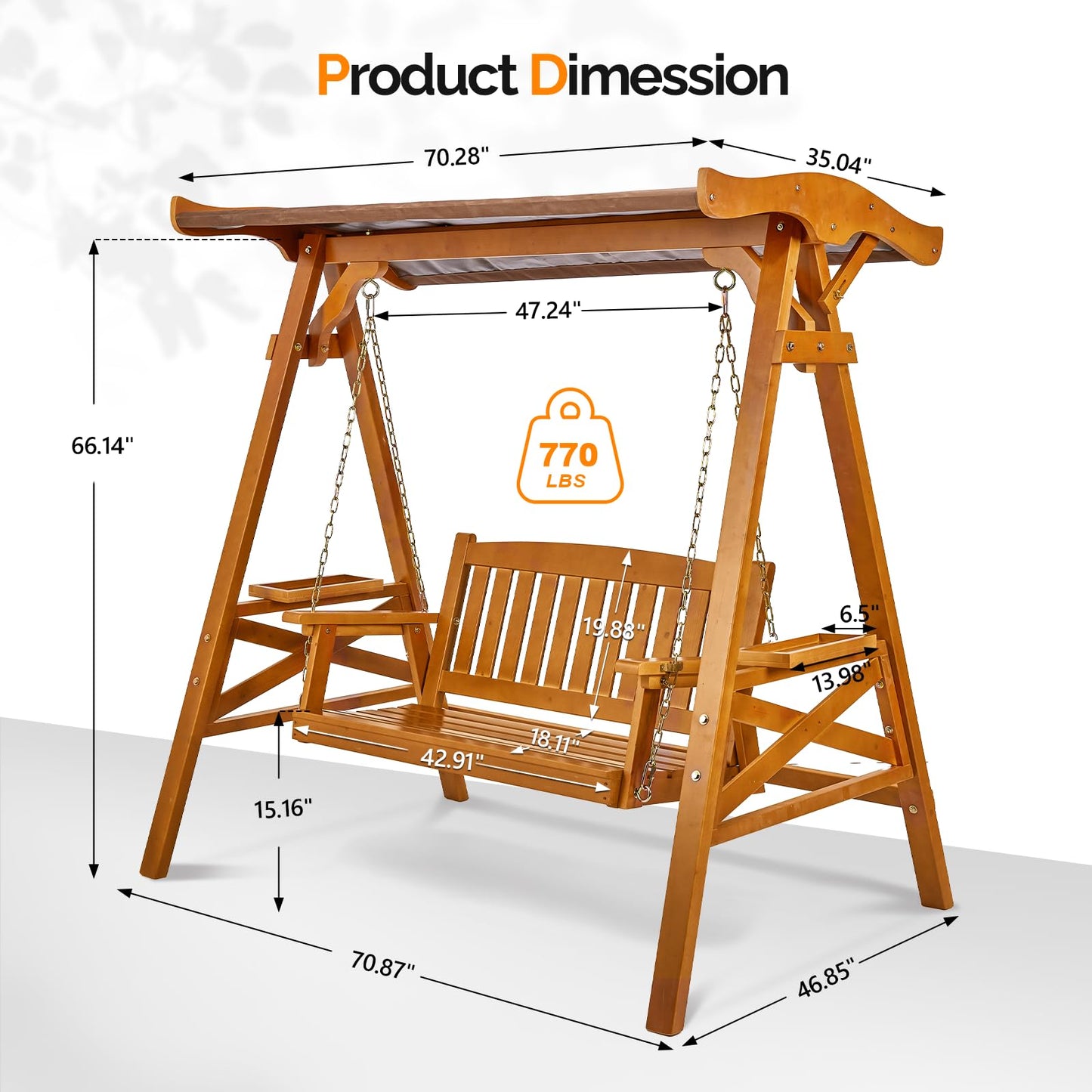 VINGLI Porch Swing with Stand, Porch Swing with Canopy, Waterproof Patio Swing with Cup Holder, Outdoor Swing Set for Garden, Yard, Patio, Teak