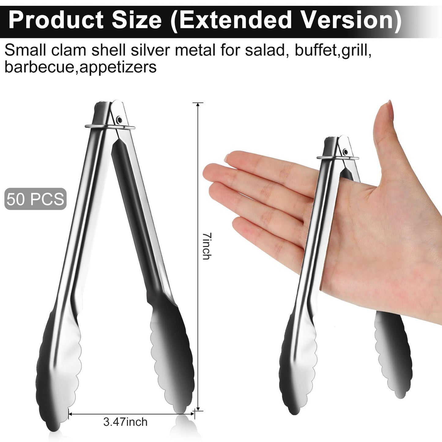 Seewey Set of 50 Stainless Steel Serving Tongs 7 Inch Cooking Clamps with Sliding Rings Small Clam Shell Metal Non Slip Food Tongs for Kitchen Salad Buffet Grill Barbecue Appetizers, Silver