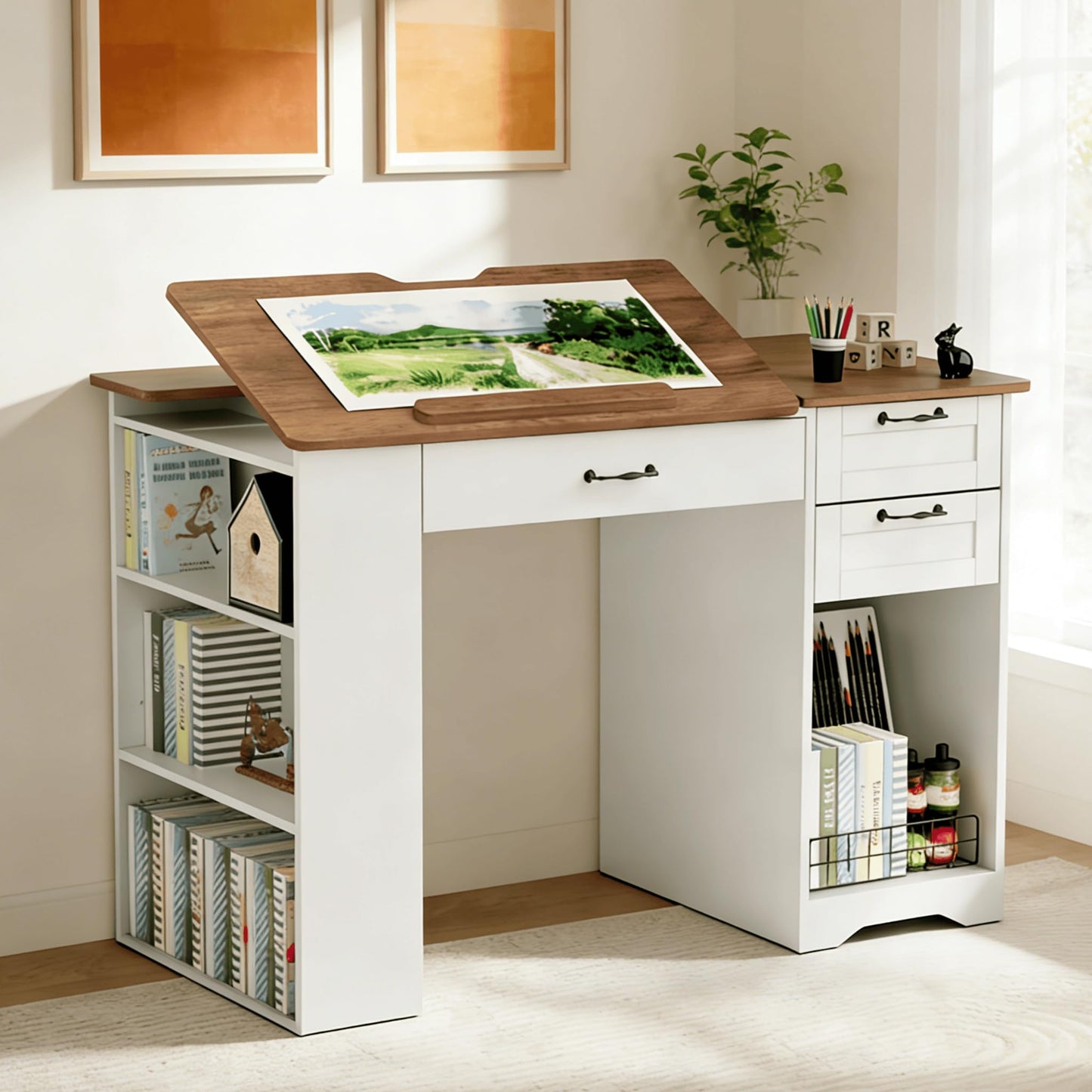 Smilets Crafting Table with Storage Cabinet & Drawers, Adjustable Drafting Table with Open Shelves, Drawing Computer Desk, Painting Desk, Workstation for Home Office Reading, Writing, Craftin