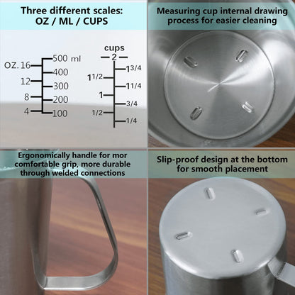 Newness Stainless Steel Measuring Cup, Metal Measuring Cup with Handle (Upgraded, 3 Marking Including Cup/ML/Ounce Scale), 16 Ounces (0.5 Liter, 2 Cup)
