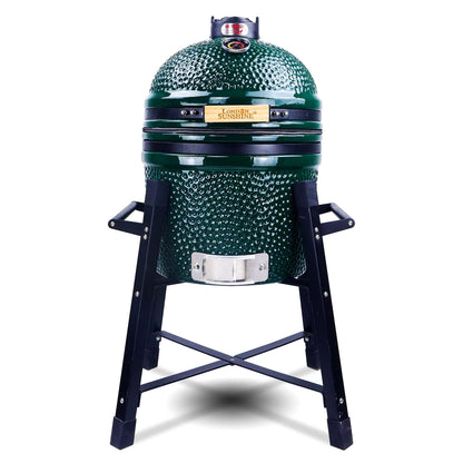 London Sunshine Ceramic Kamado Charcoal BBQ Grill and Smoker, Stainless Steel Grates -15" Ceramic with Tall Stand (GREEN)