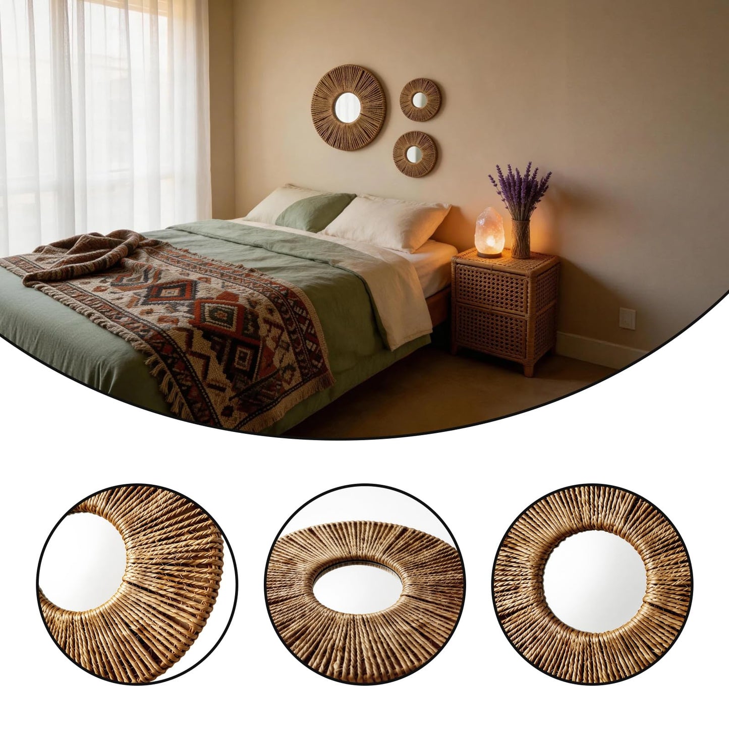 4-Piece Round Wall Decor,Woven Wall Baskets Set, Boho Hanging Baskets Wall Art, Hand Woven Wall Baskets for Living Room Bedroom, Home Decoration