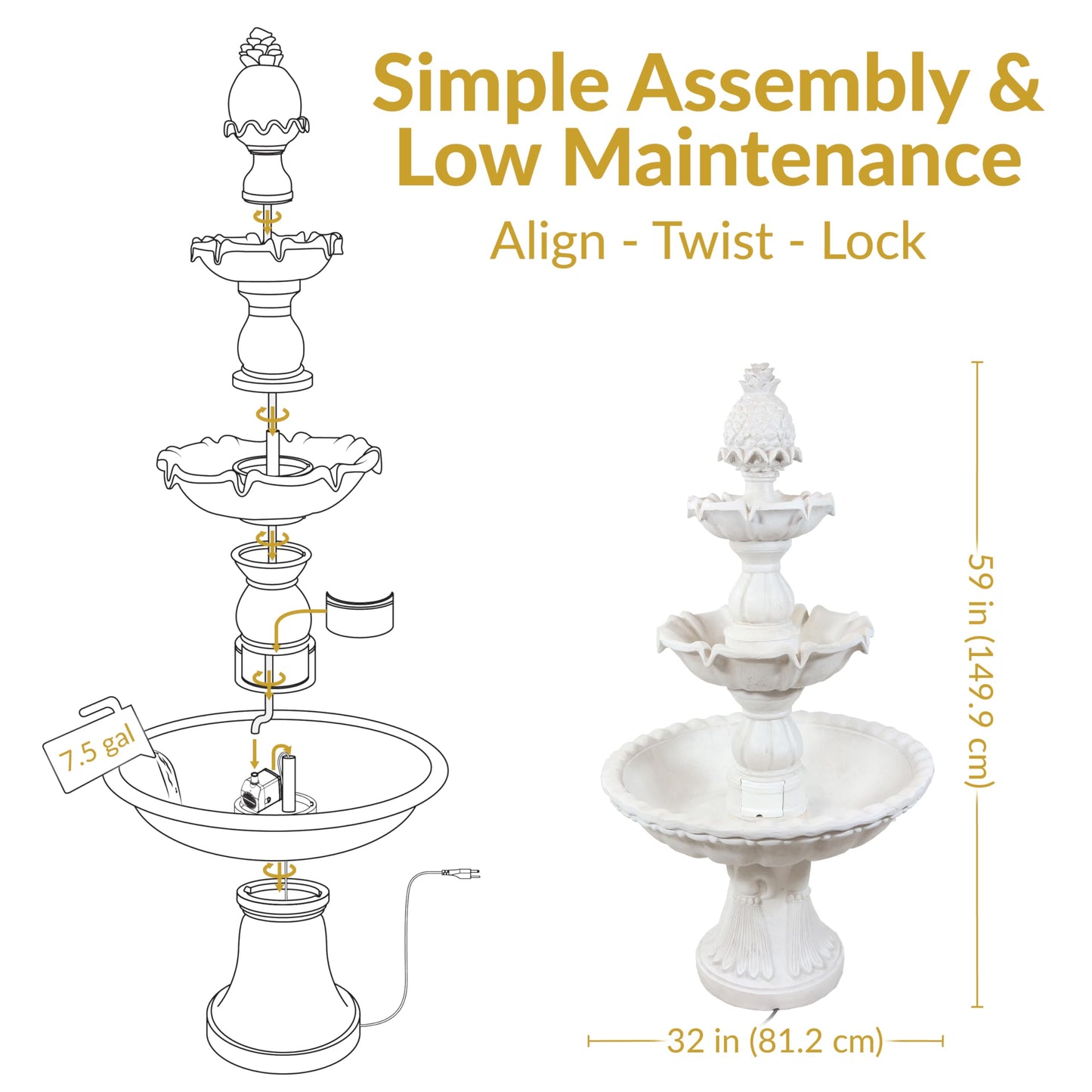 Sunnydaze 57" H Welcome 3-Tier Water Fountain - Large Electric Water Fountain with Pineapple Topper for Garden, Patio or Yard - Deep Espresso