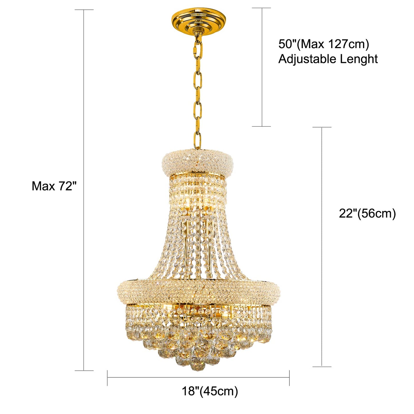 chandiry 10 Lights Gold Finish Empire Crystal Chandelier Lighting for Dining Room Living Room Foyer Hallway Bedroom Entryway (Dia 18'')