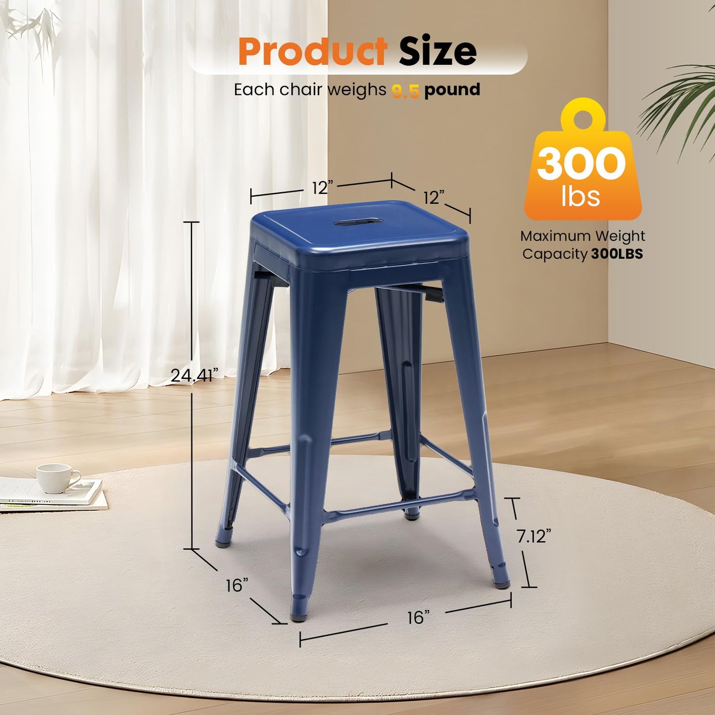 Sweetcrispy Metal Bar Stools Set of 8, 24 Inch Stackable Restaurant Classic Trattoria Metal Chairs, Backless Counter Height Barstool Chairs for Dining Room, Kitchen Island, Indoor Outdoor Use, Blue