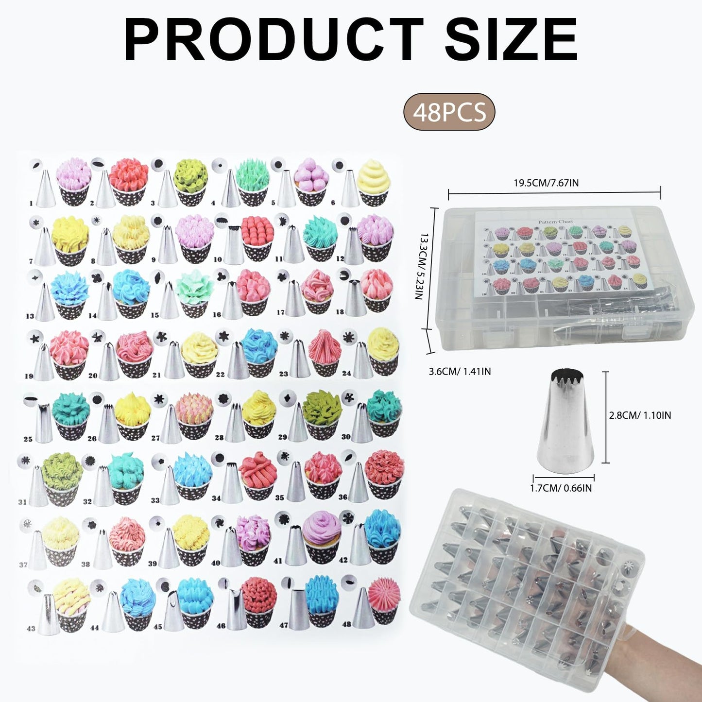 Vvluvva Piping Tips Set with Organizer Case, Stainless Steel Cake Decorating Tips for Cupcakes Cookies and Pastries, Cookie Icing and Buttercream Frosting Kit with Pattern Chart (A-48Pcs)