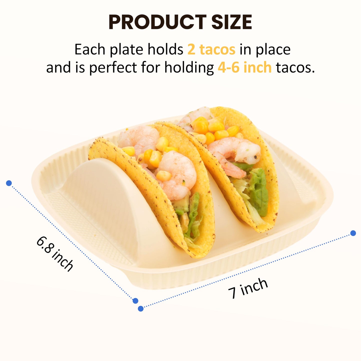 50-Pack Disposable Taco Plates for 2 Tacos - For Most 4-6 Inch Small Hard Shells - Biodegradable Cornstarch Holder Plates - Microwave Safe - Ideal for Fiesta, Bar, Party
