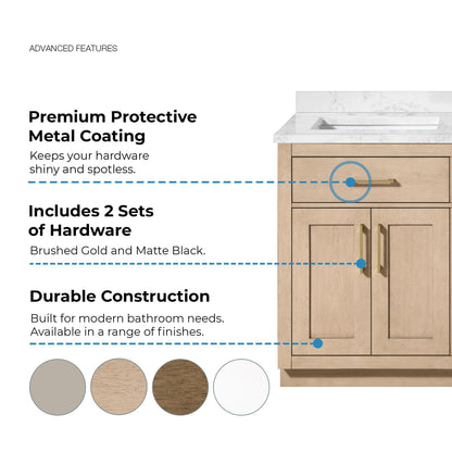 OVE Decors Athea 60 in. Double Sink Freestanding Sahara Birch Bathroom Vanity with White Engineered Marble Top, Matching Backsplash, Power Bar and Brushed Gold Hardware