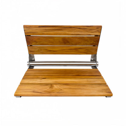 Teak Shower Seat Bench with Back - Wall Mounted Fold Up Shower Seat, Waterproof Folding Teak Bath Chair for Seniors, 304 Stainless Steel Frame, with 300 lbs Capacity - 18" Length, Polished