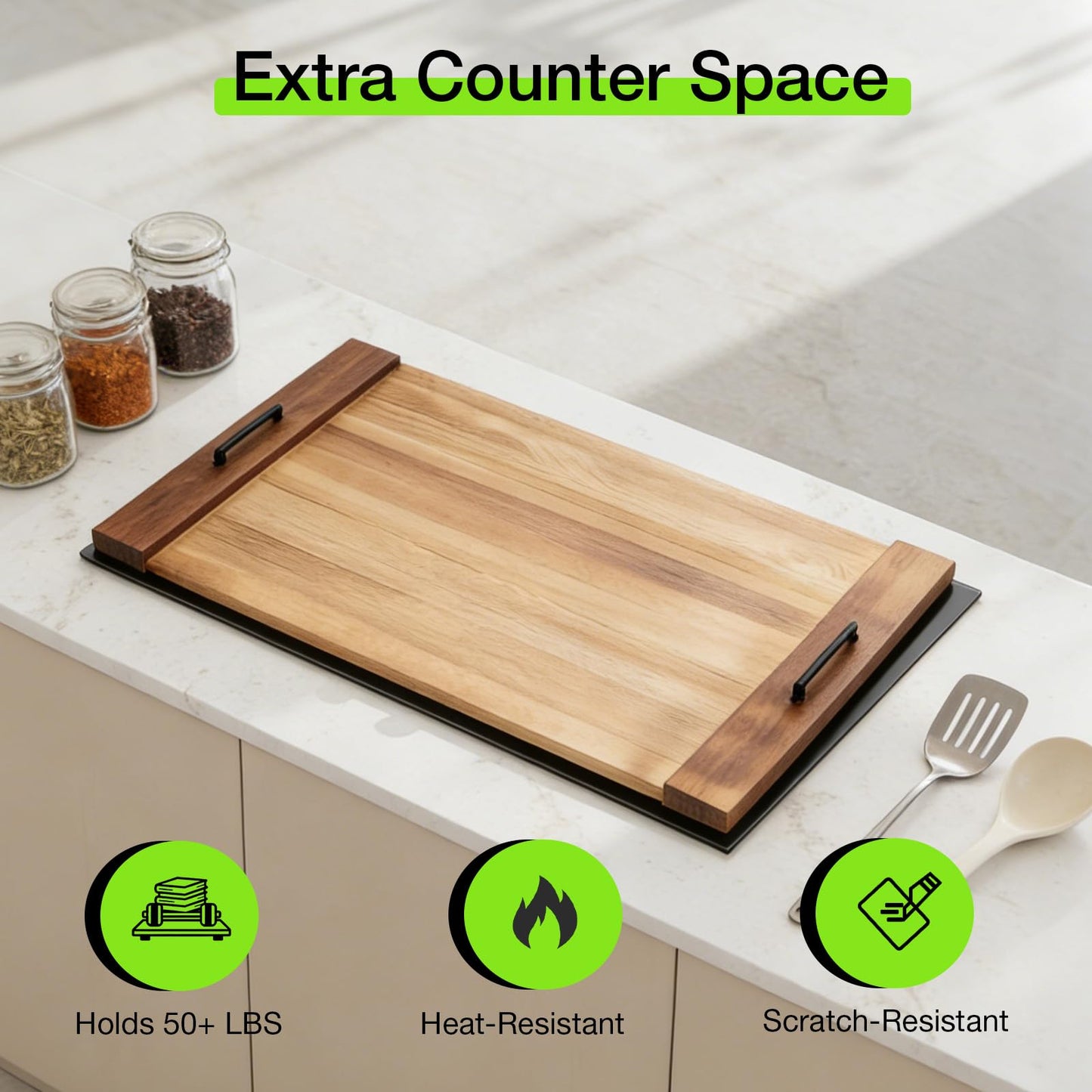 Noodle Board Stove Cover with Handles, 30 X 22 X 2.1" Wooden Stove Top Cover, Multifunctional Stove Cover for Electric&Gas Stove Top (Brown)