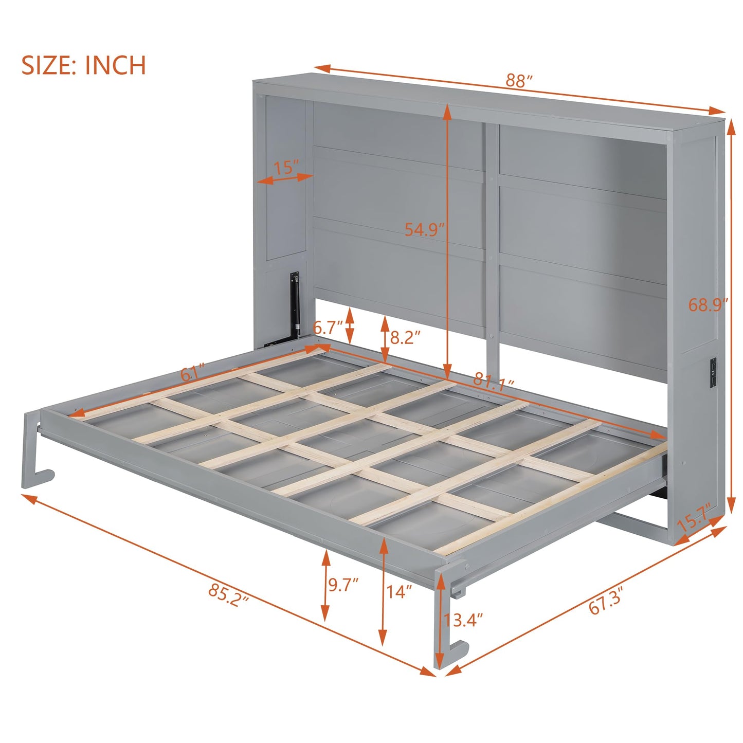 Ball & Cast Murphy Bed Full Size Wall Chest with Charging Station and Slat Support,Wood Hideaway Cabinet Platform Bedframe w/Leg,can be Folded,Space-Saving,for Small Room,Dorms,Gray