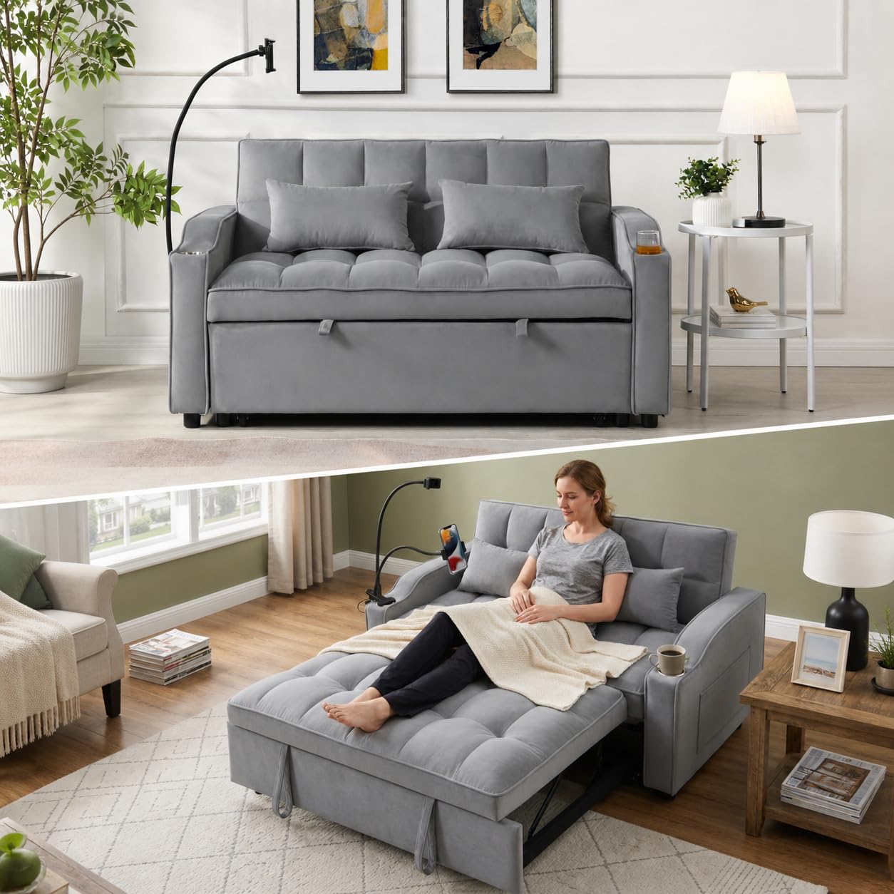 KEIKI 3 in 1 Convertible Sleeper Sofa Bed, Velvet Loveseat Futon Couch with Pullout Bed & Adjustable Backrest, USB Ports & Phone Holder, Small Lounge Sofa for Living Room Apartment, Light Grey