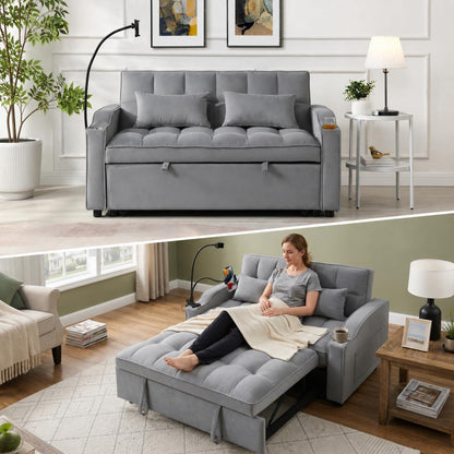 KEIKI 3 in 1 Convertible Sleeper Sofa Bed, Velvet Loveseat Futon Couch with Pullout Bed & Adjustable Backrest, USB Ports & Phone Holder, Small Lounge Sofa for Living Room Apartment, Light Grey