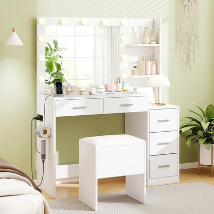 CHARMAID Vanity Desk with Mirror and Lights, White Makeup Vanity Desk with Charging Station, 5 Drawers & 2 Shelves, Storage Stool, 3 Color Lighting Modes, Modern Dressing Table for Bedroom