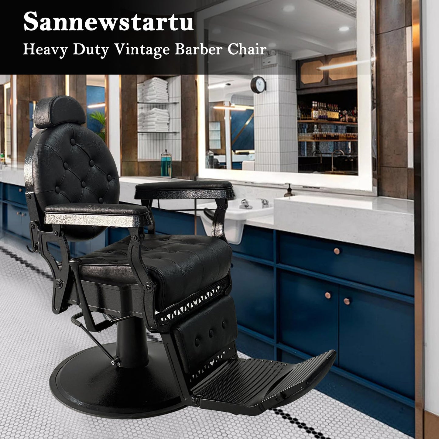 Sannewsta Commercial Barber Chair - Genuine Leather, Flip Footrest, 450 lbs Capacity Vintage Styling Chair for High Traffic Salons
