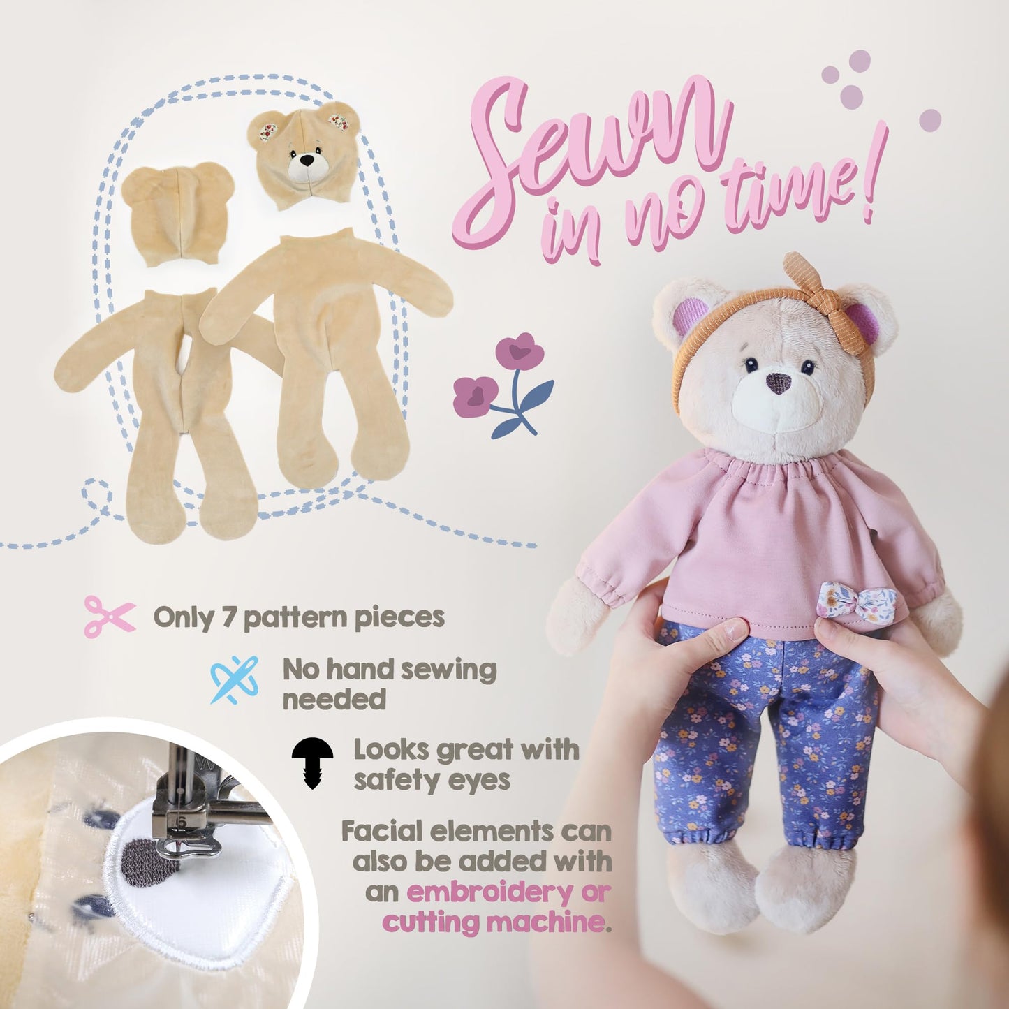 kullaloo Doll Sewing Kit ✦ DIY Plush Bunny, Bear & Elephant with Clothes ✦ Sewing Pattern & Supersoft Fabric Bundle ✦ Includes Sewing Pattern with PES & SVG Files