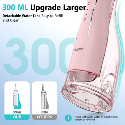 Leominor Water Flosser Pick for Teeth, 300ML Portable Oral Irrigator Upgraded Tank Removable,IPX7 Waterproof, Rechargeable Travel Teeth Cleaner, Professional Electric Flossing Machine (Pink)