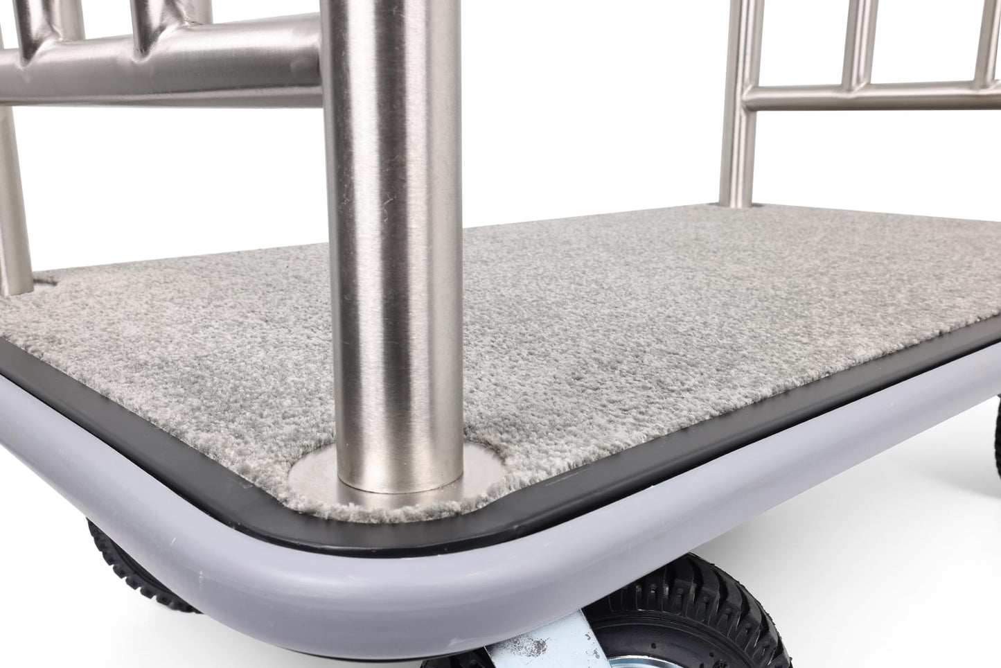 Wholesale Hotel Products Brushed Stainless Steel Luggage Cart – 1500lb Capacity–Bellman Cart w/ Grey Bumper Guard, Plush Carpet, 2” Welded Steel Frame & 8" Wheels, for 5-Star Hotels (Grand Lux Series)