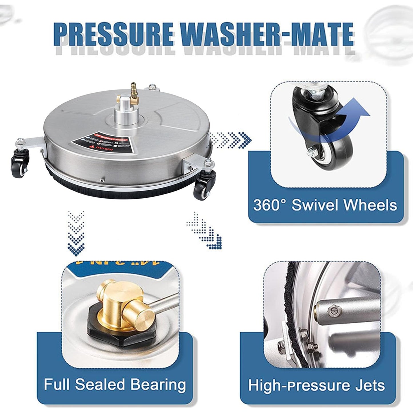 TRELVEX 15-inch Stainless Steel Surface Cleaner Attachment, Heavy-Duty Surface Cleaner Pressure Washer Surface Cleaner Efficient Cleaning Tool for Power Washers Stainless Steel