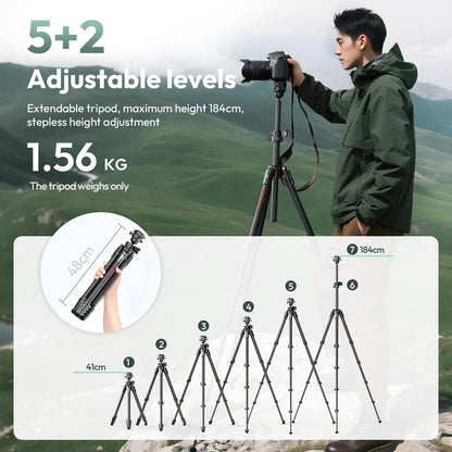 ULANZI JJ05 GlideGo Carbon Fiber Photo Tripod, Dual 360° Pan Head, 72.4 inch Max Height, 11 lb Load, UKA Quick Release, Professional Portable Lightweight Travel Tripod with Bag