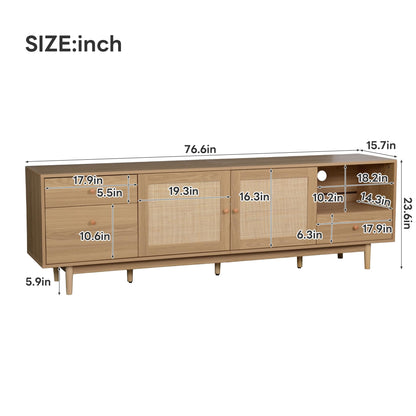 Ball & Cast 76" Boho TV Stand for TVs up to 85", Media Console with Real Rattan Doors, Open Shelf, 3 Drawers & 2 Cabinets, Natural Wood Grain Entertainment Center w/Solid Wood Legs for Living Room
